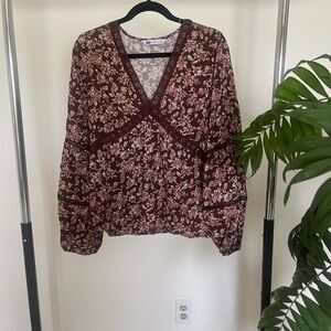 Floral V-Neck Blouse - Burgundy